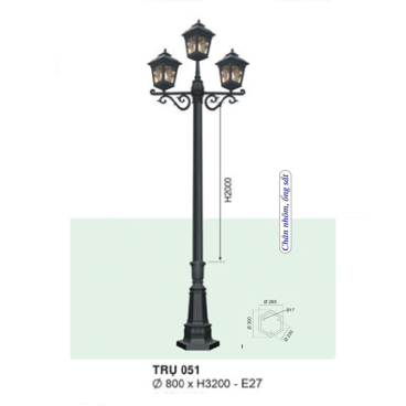 TRỤ 051: Đèn trụ sân vườn chất liệu hợp kim, 3 bóng
