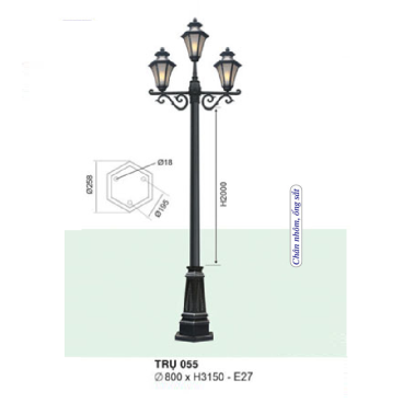 TRỤ 055: Đèn trụ sân vườn chất liệu hợp kim, 3 bóng