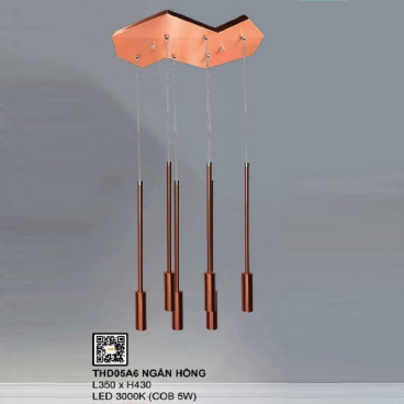 35 - THD05A6 NGẮN HỒNG : Đèn thả LED 6 ống màu Hồng - KT: L350mm x H430mm - Đèn LED COB 5W ánh sáng vàng 3000K