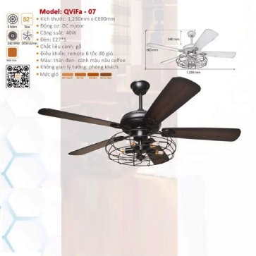 QViFa - 07: Quạt trần đèn 5 cánh gỗ