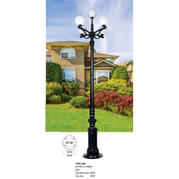 TRỤ - 086: Đèn trụ sân vườn chất liệu hợp kim, Chao đèn nhựa 5 bóng