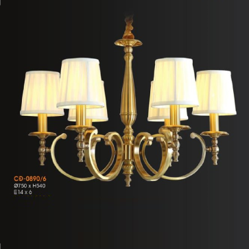 VE - CĐ - 0890/6: Đèn chùm 6 tay thân đồng, chao vải - KT: Ø750mm x H540mm - Bóng đèn E14 x 6 bóng