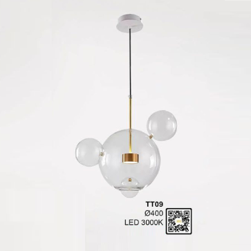 TT09: Đèn thả chóa thủy tinh trong - KT: Ø400mm - Đèn LED ánh sáng vàng 4000K