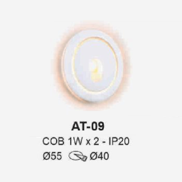 AT - 09: Đèn LED âm tường/âm bậc cầu thang - IP 20 - KT: Ø55mm - Lổ khoét: Ø40mm - Bóng đèn LED COB 1W  x 2 bóng