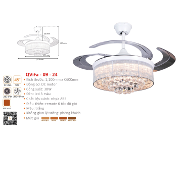 QVifa - 09-24: Quạt trần đèn LED cánh nhựa