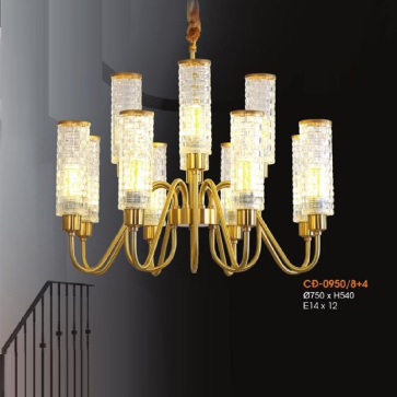 VE - CĐ - 0950/8+4: Đèn chùm 12 tay thân đồng, chao thủy tinh - KT: Ø750mm x H540mm - Bóng đèn E14 x 12 bóng