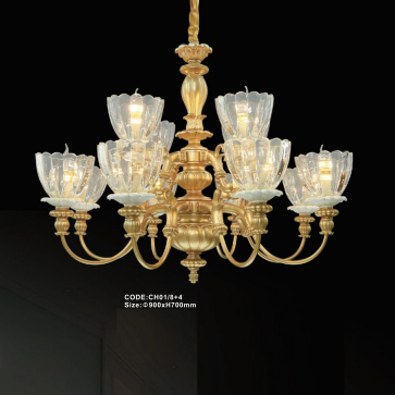 CODE: CH01/8+4: Đèn chùm 12 tay, chao thủy tinh - KT: Ø900mm x H700mm - Bóng đèn E14 x 12 bóng