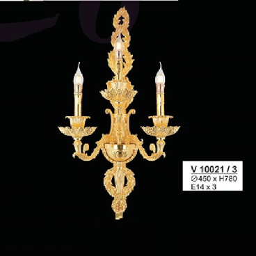 V10021/3: Đèn gắn tường Hợp kim xi màu đồng 3 tay - KT: Ø450mm x H780mm - Bóng đèn nến E14 x 3 bóng