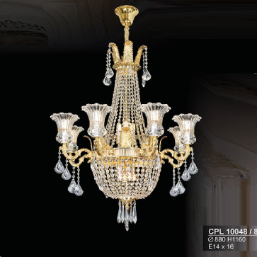 CPL 10048/8: Đèn chùm Phale chao thủy tinh 8 tay - KT: Ø880mm x H1160mm - Bóng đèn chân E14 x 16 bóng