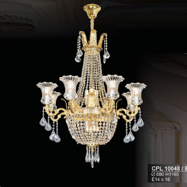 CPL 10048/8: Đèn chùm Phale chao thủy tinh 8 tay - KT: Ø880mm x H1160mm - Bóng đèn chân E14 x 16 bóng
