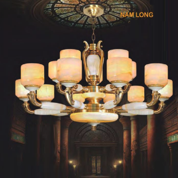 NC 1008/15: Đèn chùm đồng, chao đá - KT: Ø1000mm x H550mm + 600mm - Bóng đèn E27 x 15 bóng