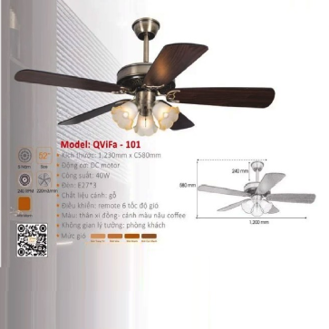 QViFa - 101: Quạt trần đèn 5 cánh gỗ công nghiệp, chao thủy tinh
