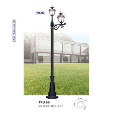 TRỤ 101: Đèn trụ sân vườn chất liệu hợp kim 2 bóng