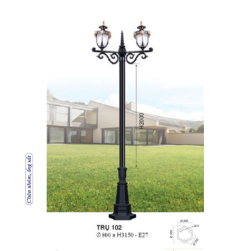 TRỤ 102: Đèn trụ sân vườn chất liệu hợp kim 2 bóng