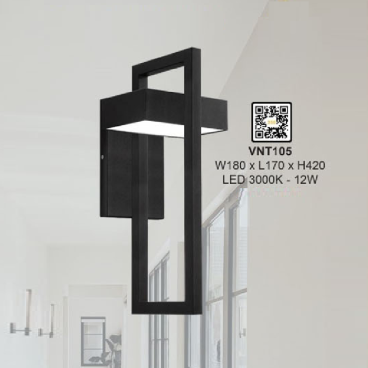 VNT 105: Đèn gắn tường ngoài trời LED - KT: W180mm x L170mm x H420mm - Đèn LED 12 W ánh sáng vàng