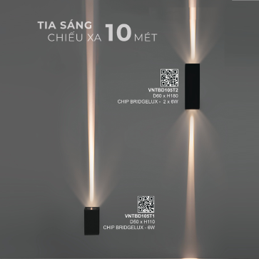 VNTBD105T2: Đèn gắn tường ngoài trời LED sáng 2 đầu - KT: D60mm x H180mm - Đèn LED 2 x 6W