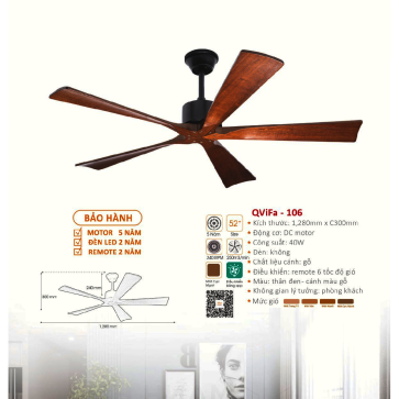 QVifa - 106: Quạt trần 5 cánh gỗ