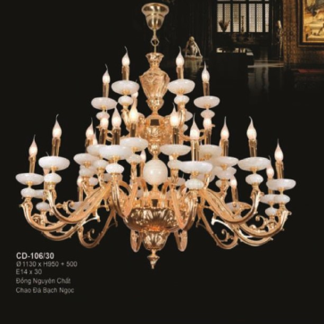 E - CD - 106/30: Đèn chùm đồng 30 tay, chén đá  - KT: Ø1130mm x H950mm + 500mm -  Bóng đèn nến E14 x 30 bóng
