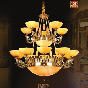 CĐ - 1079/15: Đèn chùm đồng 15 tay, chao đá - KT: Ø1180mm x H980mm - Bóng đèn E14 x 18 bóng