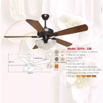 QViFa - 108: Quạt trần đèn 5 cánh gỗ công nghiệp