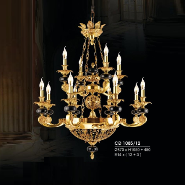 HF- CĐ 1085/12: Chùm đồng 12 tay, đá đen - KT: Ø870mm x H1050mm + 450mm - Bóng đèn chân E14*15 bóng