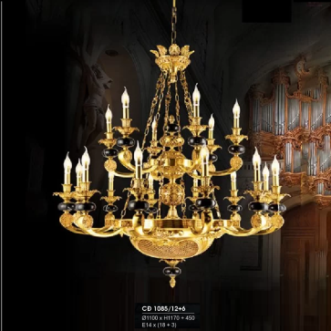 HF- CĐ 1085/12+6: Chùm đồng 18 tay, đá đen - KT: Ø1100mm  x H1170mm + 450mm - Bóng đèn chân E14 x 21 bóng