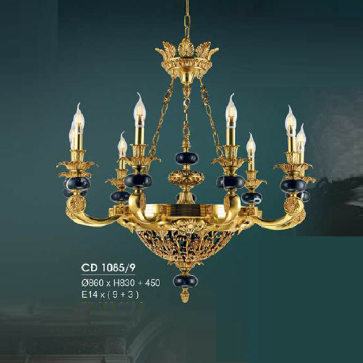 CĐ 1085/9: Đèn chùm đồng 9 tay - KT: Ø860mm x H830mm + 450mm - Bóng đèn nến E14 x 12 bóng