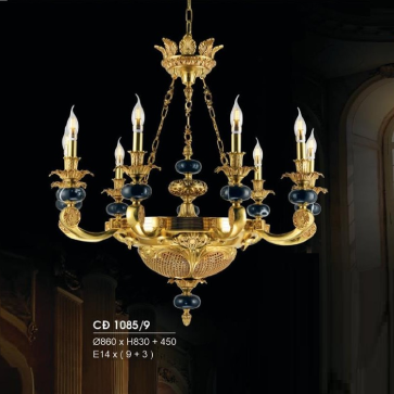 HF- CĐ 1085/9: Chùm đồng nến 9 tay, đá đèn - KT: Ø860mm  x H830mm + 450mm - Bóng đèn chân E14 x 11 bóng