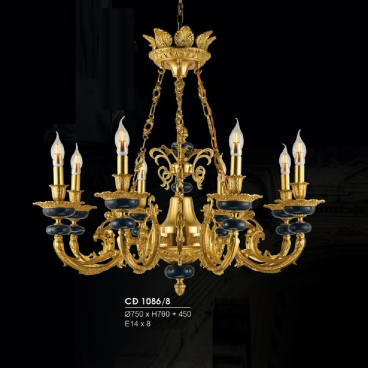 HF - CĐ 1086/8: Chùm đồng 8 tay, chén đá đen vân - KT: Ø750mm x H760mm +450mm - Bóng đèn  E14 x 8 bóng