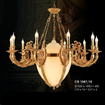 HF - CĐ 1087/10: Chùm đồng 10 tay chao đá - KT: Ø1030mm  x H950mm + 450mm - Bóng đèn E 14 x 10 bóng +E 27 x 3 bóng