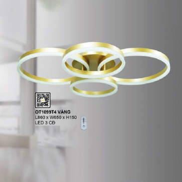 OT1099T4 vàng - Đèn áp trần 4 vòng LED, thân xi vàng - KT: L860mm x W650mm x H150mm - Đèn LED đổi 3 màu - Remote