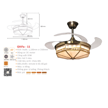QVifa - 11: Quạt trần đèn LED  cánh nhựa, màu xi đồng