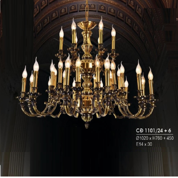 HF- CĐ 1101/24+6: Chùm đồng 30 tay - KT: Ø1020mm x H760mm + 450mm - Bóng đèn chân E14 x 30 bóng