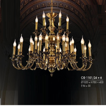 HF- CĐ 1101/24+6: Chùm đồng 30 tay - KT: Ø1020mm x H760mm + 450mm - Bóng đèn chân E14 x 30 bóng