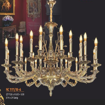 NC 1111/18+6:  Đèn chùm đồng 24 tay - KT: Ø1150mm x H600mm + 500mm - Bóng đèn chân E14 x 24 bóng