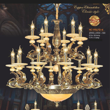 NC 1113/12+6 Đèn chùm đồng 18 tay, chao đá - KT: Ø950mm x H900mm + 500mm - Đèn chân E14 x 18 bóng