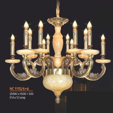 NC 1115/6+6:  Đèn chùm đồng 12 tay, chao đá - KT: Ø800mm x H500mm + 500mm - Bóng đèn chân E14 x 12 bóng
