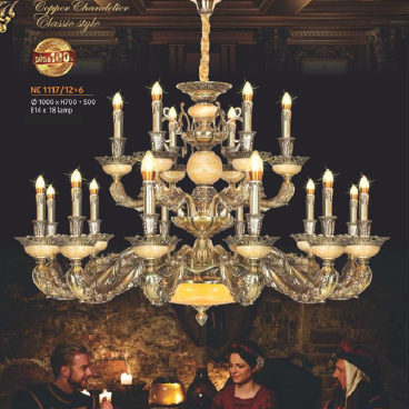 NC 1117/12+6:  Đèn chùm đồng 18 tay, chao đá - KT: Ø1000mm  x H 700mm + 500mm - Đèn chân E14 x 18 bóng