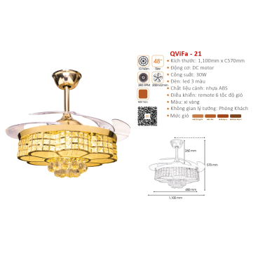 QVifa - 21: Quạt trần đèn LED cánh nhựa, màu xi vàng