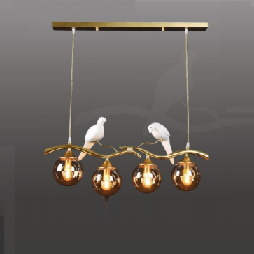 35 - TTK114T4 CHAO KHÓI: Đèn thả ngang, thân xi màu đồng chao quả bi màu khói - KT: L750mm, chao bi Ø150mm - Bóng đèn E27 x 4