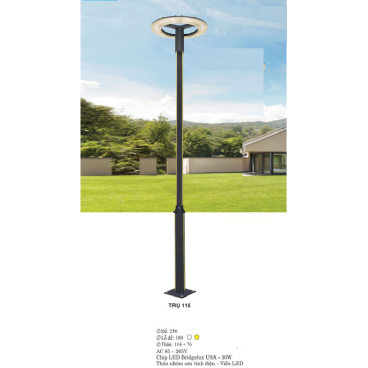 TRỤ 115: Đèn trụ sân vườn chất liệu hợp kim, Đèn LED - Cao 3300mm - Ánh sáng trắng/vàng
