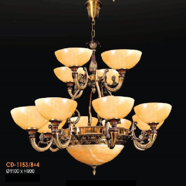 VER - CĐ 1153/8+4: Chùm đồng 12 tay, chao đá - KT: Ø1100mm  x H900mm - Đèn chân E14 x 15 bóng