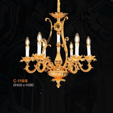 E - C -116/6: Đèn chùm nến 6 tay - KT: Ø600mm x H580mm - Bóng đèn nến chân E14 x 6 bóng