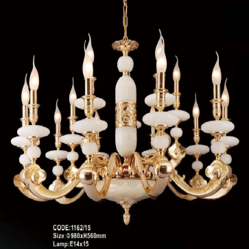 CODE: 1162/15:  Đèn chùm đồng 12 tay, chao đá - KT: Ø980mm  x H560mm - Đèn chân E14 x 15 bóng