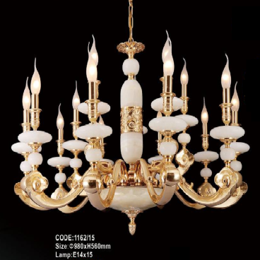 CODE: 1162/15:  Đèn chùm đồng 12 tay, chao đá - KT: Ø980mm  x H560mm - Đèn chân E14 x 15 bóng