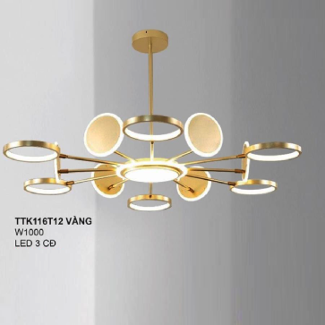 35 - TTK116T12 VÀNG: Đèn chùm thân màu vàng 12 tay LED - KT: Ø1000mm - Đèn LED đổi 3 màu