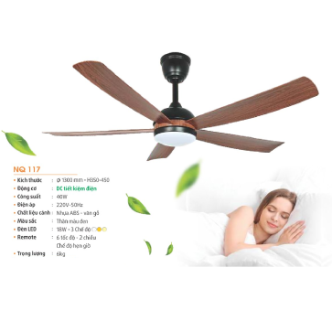 NQ 117: Quạt trần đèn LED 5 cánh - KT: 1300mm x H350mm + 450mm  - Đèn LED