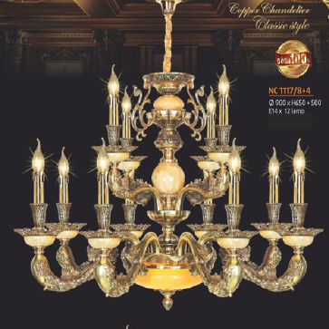 NC 1117/8+4:  Đèn chùm đồng 12 tay, chao đá - KT: Ø900mm  x H 650mm + 500mm - Bóng đèn chân E14 x 12 bóng