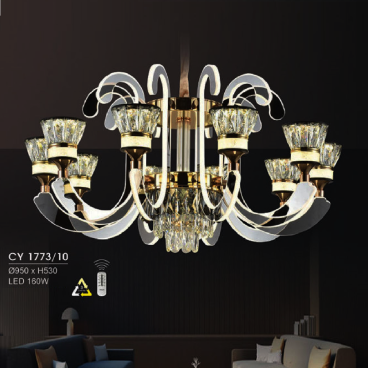 HF -Ø: Đèn chùm LED 10 tay - KT: Ø950mm x H530mm - Đèn LED 160W  đổi 3 màu