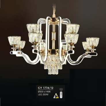 HF - CY 1774/12:  Đèn chùm LED 12 tay - KT: Ø930mm x H490mm  - Đèn LED 200W đổi 3 màu - Remote